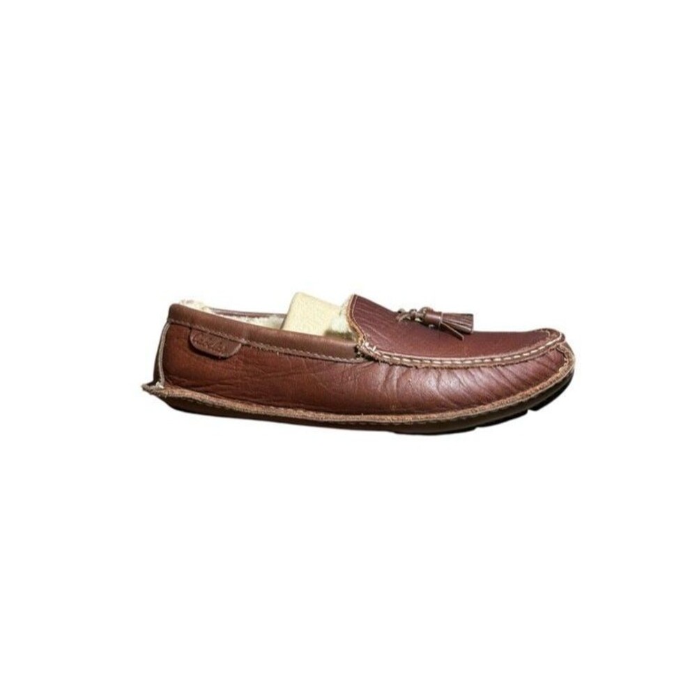 Cabela's Slippers Mens Size 11D Wide Brown Leather Shearling Moccasin Tassel Fur